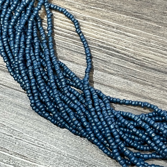 Handmade Dark Blue Multi Strand Seed Bead Boho Style Necklace W/ Yarn 19 Strands - Picture 8 of 16